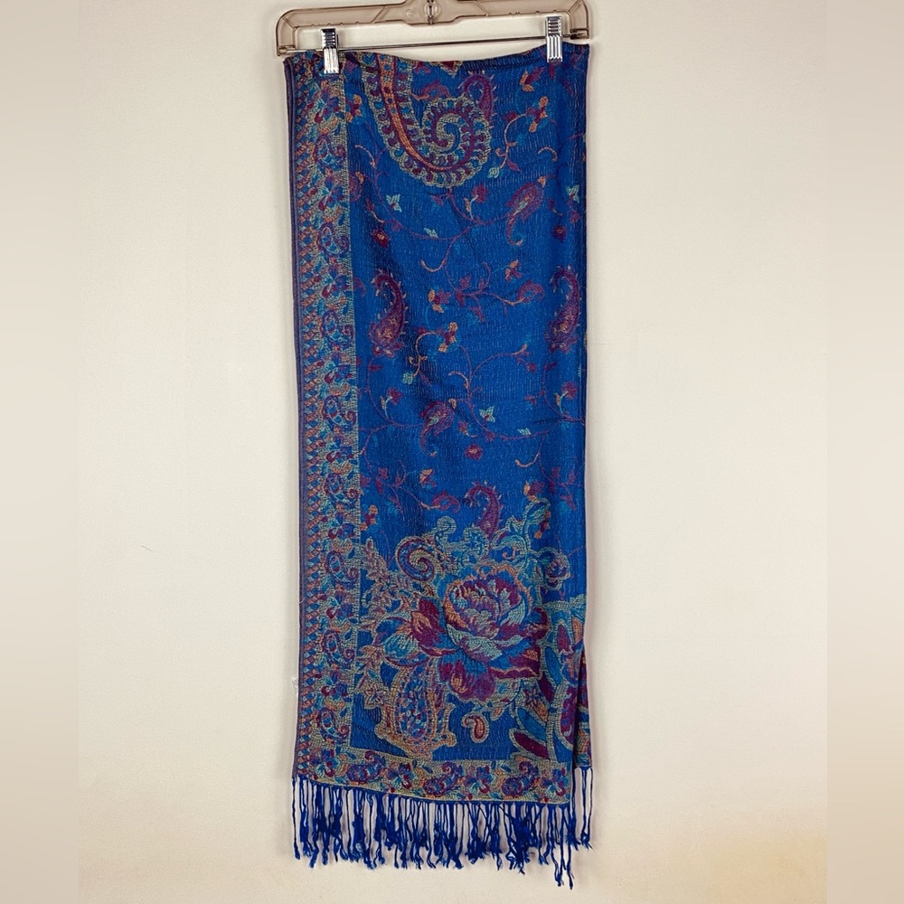 Royal Blue Paisley Floral Cashmere Fringe Pashmina Wrap Scarf